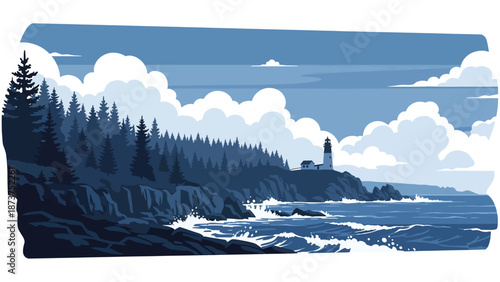 Flat vector illustration of Maine coastline with rocky shores, pine forests, ocean waves, and lighthouse silhouette, rugged northeastern scenery in solid flat colors
