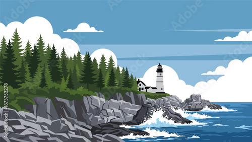 Flat vector illustration of Maine coastline with rocky shores, pine forests, ocean waves, and lighthouse silhouette, rugged northeastern scenery in solid flat colors