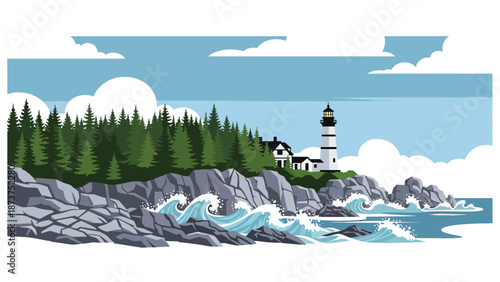 Flat vector illustration of Maine coastline with rocky shores, pine forests, ocean waves, and lighthouse silhouette, rugged northeastern scenery in solid flat colors