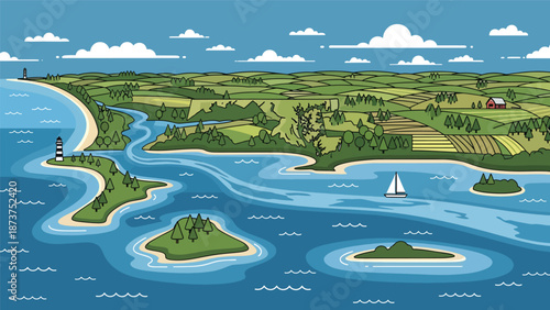 Flat vector illustration of Maryland landscape combining coastal bays, rivers, forests, and farmland, balanced land and water scenery in clean flat vector style