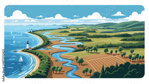 Flat vector illustration of Maryland landscape combining coastal bays, rivers, forests, and farmland, balanced land and water scenery in clean flat vector style