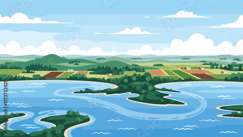 Flat vector illustration of Maryland landscape combining coastal bays, rivers, forests, and farmland, balanced land and water scenery in clean flat vector style