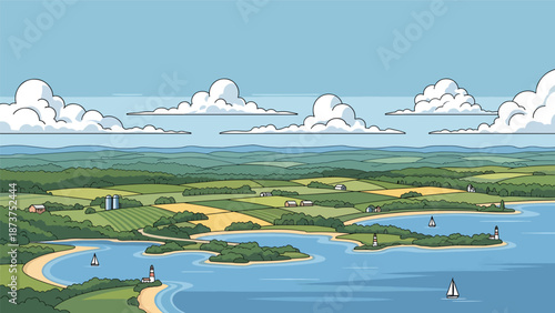 Flat vector illustration of Maryland landscape combining coastal bays, rivers, forests, and farmland, balanced land and water scenery in clean flat vector style