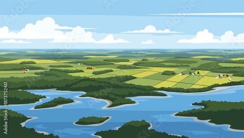 Flat vector illustration of Maryland landscape combining coastal bays, rivers, forests, and farmland, balanced land and water scenery in clean flat vector style