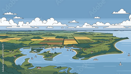 Flat vector illustration of Maryland landscape combining coastal bays, rivers, forests, and farmland, balanced land and water scenery in clean flat vector style
