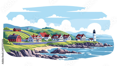 Flat vector illustration of Massachusetts coastal landscape with rocky shores, ocean views, historic towns, and countryside elements, classic New England scenery in solid colors