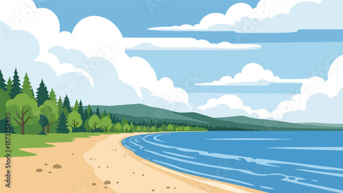 Flat vector illustration of Michigan Great Lakes landscape with sandy beaches, forests, calm freshwater shores, and open skies, scenic northern travel theme