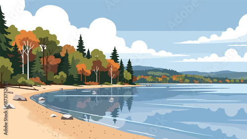 Flat vector illustration of Michigan Great Lakes landscape with sandy beaches, forests, calm freshwater shores, and open skies, scenic northern travel theme