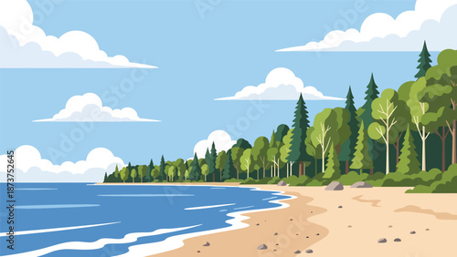 Flat vector illustration of Michigan Great Lakes landscape with sandy beaches, forests, calm freshwater shores, and open skies, scenic northern travel theme