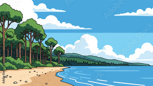 Flat vector illustration of Michigan Great Lakes landscape with sandy beaches, forests, calm freshwater shores, and open skies, scenic northern travel theme