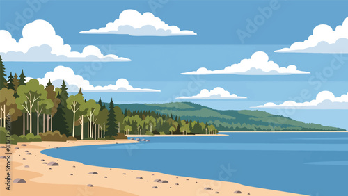 Flat vector illustration of Michigan Great Lakes landscape with sandy beaches, forests, calm freshwater shores, and open skies, scenic northern travel theme