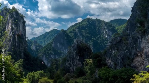 Beautiful Aerial Video of Limestone Mountains in Ipoh, Malaysia, Showcasing Lush Greenery, Towering Karst Cliffs, Tropical Trees, and a Serene Natural Landscape from Above in Perak Region Scenic