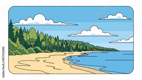 Flat vector illustration of Michigan Great Lakes landscape with sandy beaches, forests, calm freshwater shores, and open skies, scenic northern travel theme