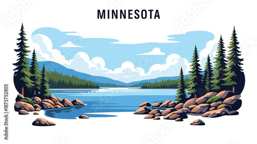 Flat vector illustration of Minnesota nature landscape featuring lakes, pine forests, rocky shores, and peaceful northern scenery, rendered in clean solid flat colors