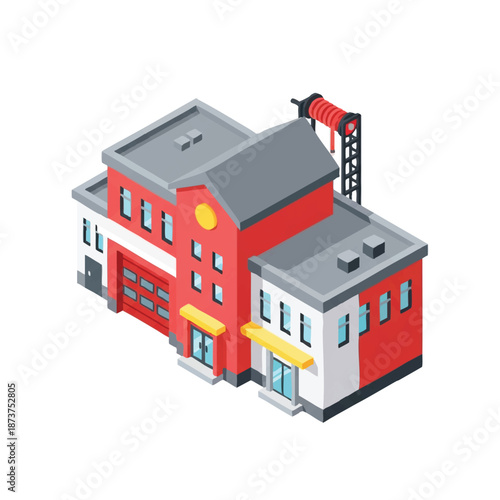 Isometric illustration of a red and white cartoon fire station with a dragon on the ladder, set against a clean white background with a cute and playful mood.
