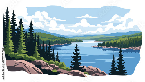 Flat vector illustration of Minnesota nature landscape featuring lakes, pine forests, rocky shores, and peaceful northern scenery, rendered in clean solid flat colors