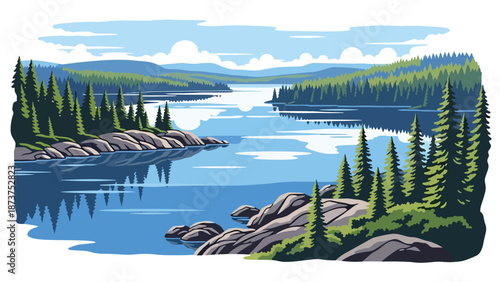 Flat vector illustration of Minnesota nature landscape featuring lakes, pine forests, rocky shores, and peaceful northern scenery, rendered in clean solid flat colors