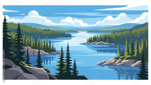 Flat vector illustration of Minnesota nature landscape featuring lakes, pine forests, rocky shores, and peaceful northern scenery, rendered in clean solid flat colors