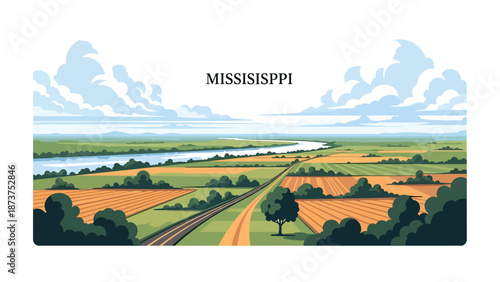 Flat vector illustration of Mississippi countryside with wide rivers, farmland, trees, and rural roads, calm southern landscape in solid colors and clean outlines