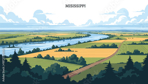 Flat vector illustration of Mississippi countryside with wide rivers, farmland, trees, and rural roads, calm southern landscape in solid colors and clean outlines