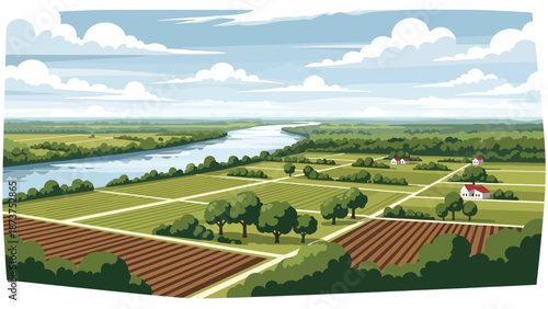 Flat vector illustration of Mississippi countryside with wide rivers, farmland, trees, and rural roads, calm southern landscape in solid colors and clean outlines