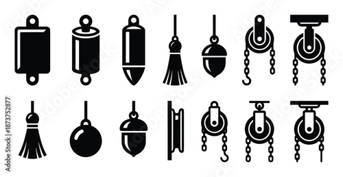 Plumb bobs, tassels, pulleys and plumb lines black vector icons illustration