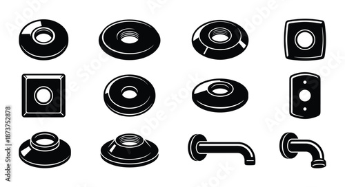 Plumbing Fixtures Vector Icons Set, Washers and Faucets in Black and White Isometric Style