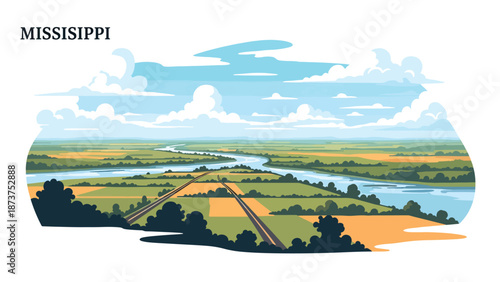 Flat vector illustration of Mississippi countryside with wide rivers, farmland, trees, and rural roads, calm southern landscape in solid colors and clean outlines