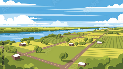 Flat vector illustration of Mississippi countryside with wide rivers, farmland, trees, and rural roads, calm southern landscape in solid colors and clean outlines