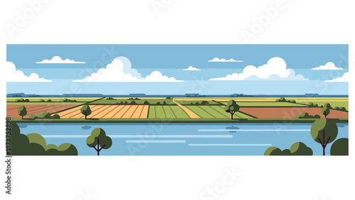 Flat vector illustration of Mississippi countryside with wide rivers, farmland, trees, and rural roads, calm southern landscape in solid colors and clean outlines