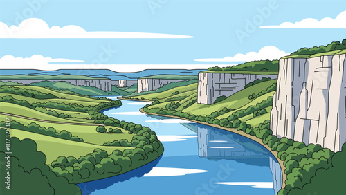 Flat vector illustration of Missouri landscape with rolling hills, forests, winding rivers, and limestone bluffs, central U.S. scenery in clean flat vector style