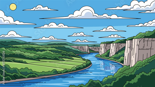 Flat vector illustration of Missouri landscape with rolling hills, forests, winding rivers, and limestone bluffs, central U.S. scenery in clean flat vector style