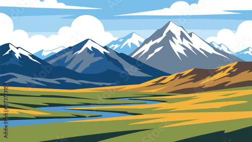 Flat vector illustration of Montana wilderness featuring vast plains, dramatic mountain ranges, rivers, and open skies, untouched western scenery in solid flat colors