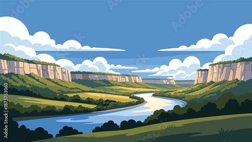 Flat vector illustration of Missouri landscape with rolling hills, forests, winding rivers, and limestone bluffs, central U.S. scenery in clean flat vector style