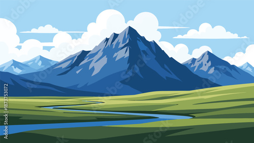 Flat vector illustration of Montana wilderness featuring vast plains, dramatic mountain ranges, rivers, and open skies, untouched western scenery in solid flat colors