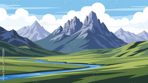 Flat vector illustration of Montana wilderness featuring vast plains, dramatic mountain ranges, rivers, and open skies, untouched western scenery in solid flat colors