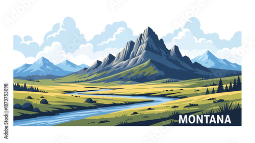 Flat vector illustration of Montana wilderness featuring vast plains, dramatic mountain ranges, rivers, and open skies, untouched western scenery in solid flat colors