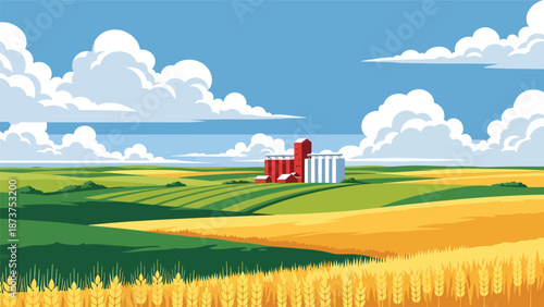 Flat vector illustration of Nebraska plains with farmland, grain silos, long horizons, and expansive skies, minimalist prairie scenery in solid flat vector style
