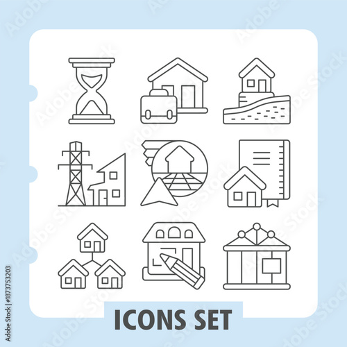 Hourglass, electricity, houses simple icons set featuring real estate, property, house items in outline style for web apps and print on white background. Vector graphics. Set of nine thin line icons.