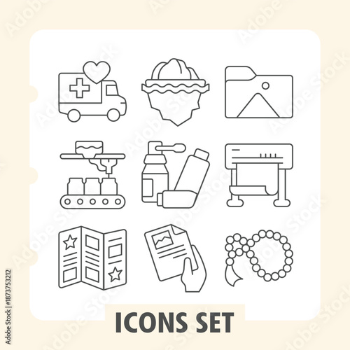 Humanitarian truck, conveyor, flyer simple icons set depicting delivery, aid, education items in outline style for web apps and print on white background. Vector graphics. Set of nine thin line icons.