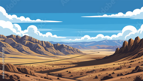 Flat vector illustration of Nevada desert landscape with rocky mountains, dry valleys, distant highways, and wide skies, arid western scenery in solid colors
