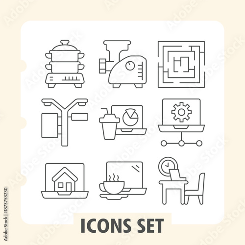 Steamer, light post, laptop simple icons set depicting travel, navigation, work, home items in outline style for web apps and print on white background. Vector graphics. Set of nine thin line icons.