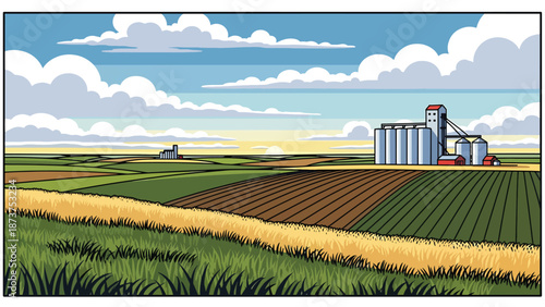 Flat vector illustration of Nebraska plains with farmland, grain silos, long horizons, and expansive skies, minimalist prairie scenery in solid flat vector style