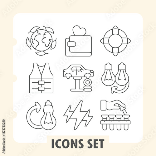 Planet, vest, lightbulb simple icons set including world, network and laboratory items in outline style for web apps and print on white background. Vector graphics. Set of nine thin line icons.