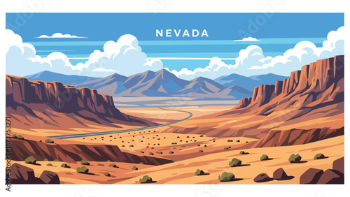 Flat vector illustration of Nevada desert landscape with rocky mountains, dry valleys, distant highways, and wide skies, arid western scenery in solid colors