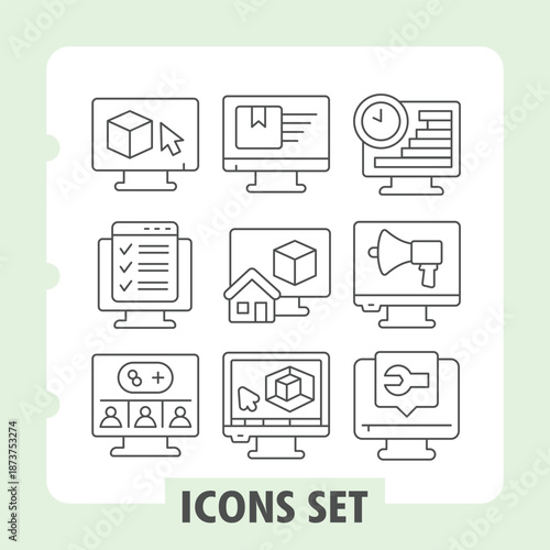 3d modeling, checklist, multiplayer simple icons set representing settings, computing items in outline style for web apps and print on white background. Vector graphics. Set of nine thin line icons.