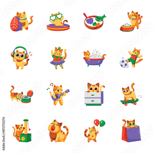 Pack of Cats and Pet Flat Style Icons 
