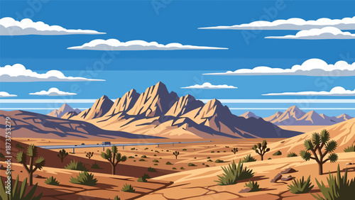 Flat vector illustration of Nevada desert landscape with rocky mountains, dry valleys, distant highways, and wide skies, arid western scenery in solid colors