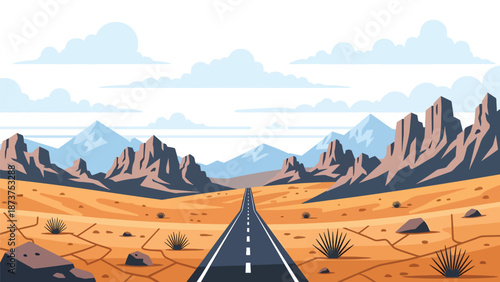 Flat vector illustration of Nevada desert landscape with rocky mountains, dry valleys, distant highways, and wide skies, arid western scenery in solid colors