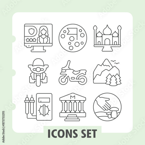 Monitor, motorcycle, tester simple icons set depicting travel, sport, bank and planting items in outline style for web apps and print on white background. Vector graphics. Set of nine thin line icons.